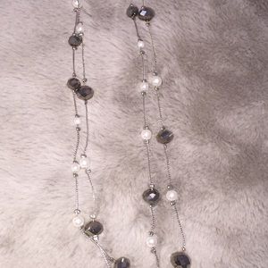 Long Beaded Necklace with Silver and Pearl Tones